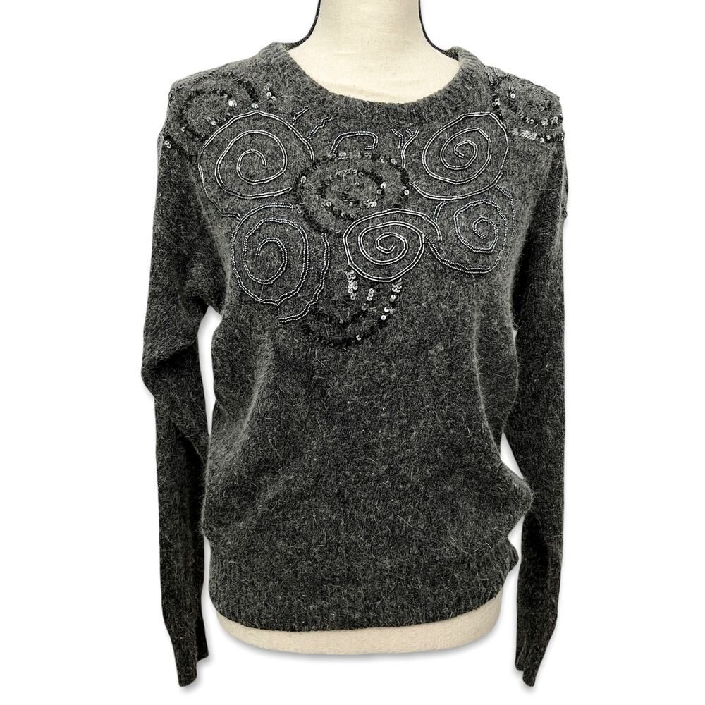 Raoul VINTAGE Gray Silk Angora Sweater Womens Sz M Beaded Sequins Long Sleeve